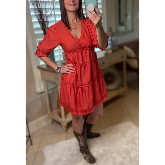 Tiered Ruffle Trim V-Neck Babydoll Rust 1821 - Picture 8 of 9